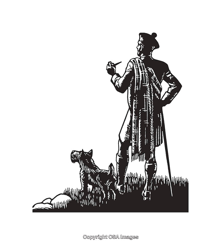 Traditional Scottish Man and Dog in Black and White Line Art