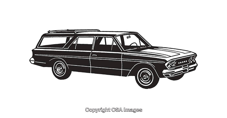 Black and White Line Art of a Vintage Station Wagon Car