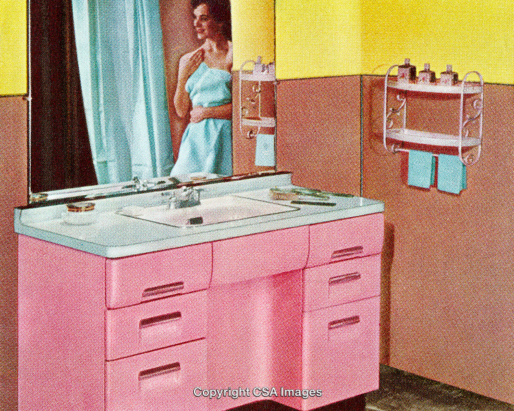 Vintage Bathroom Interior with Pink Vanity and Retro Decor Accents