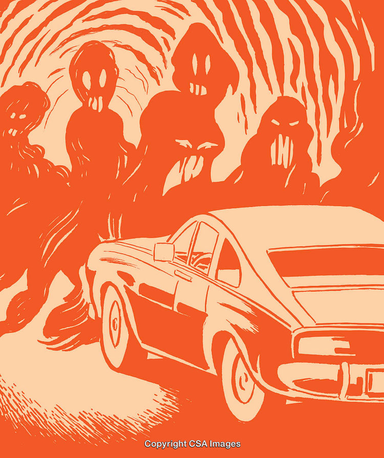 Vintage-Inspired Illustration of a Car with Mysterious Figures in the Background