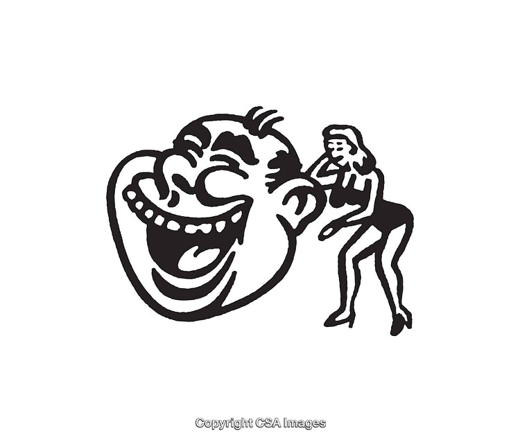 Black and White Line Art Illustration of Laughing Face and Stylish Woman