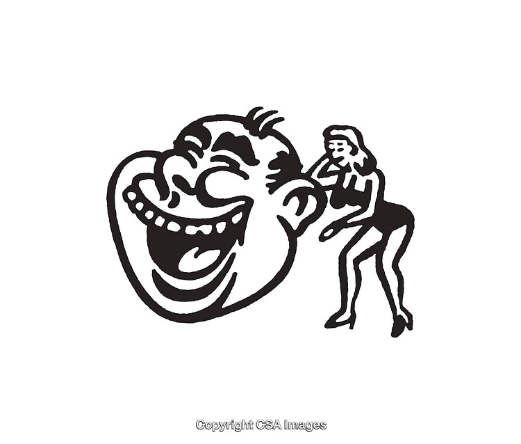 Black and White Line Art Illustration of Laughing Face and Stylish Woman