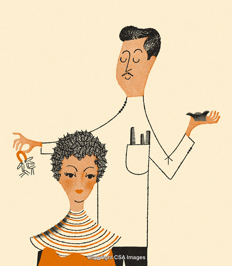 Illustration of a Hairdresser Styling Client's Curly Hair with Artistic Flair