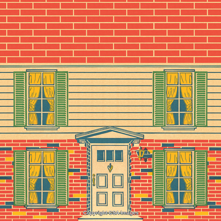 Illustrated Brick House With Shutters and Front Door in Vintage Style