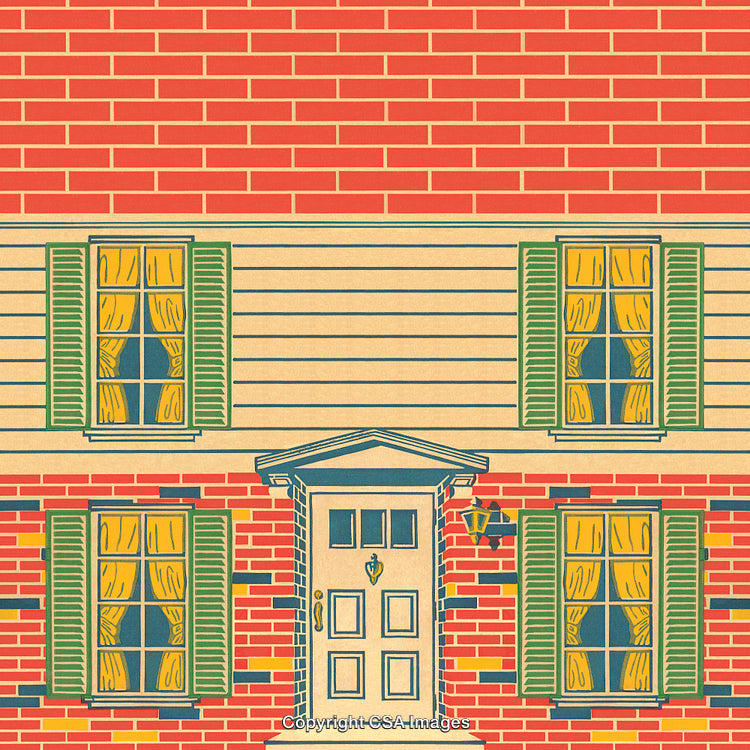 Illustrated Brick House With Shutters and Front Door in Vintage Style