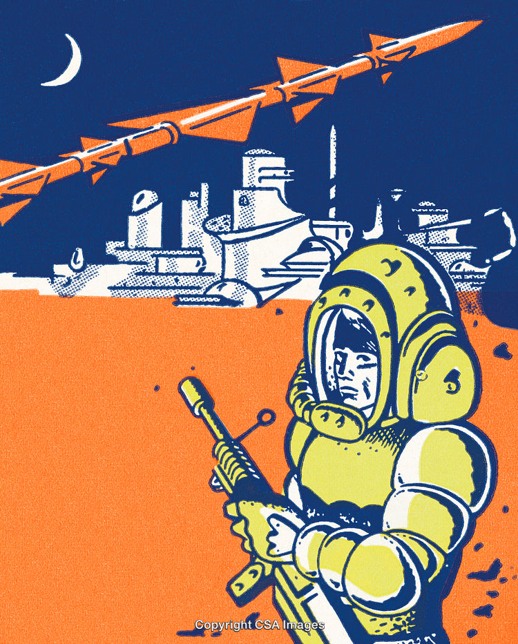 Colorful Retro Illustration of an Astronaut and Futuristic Environment