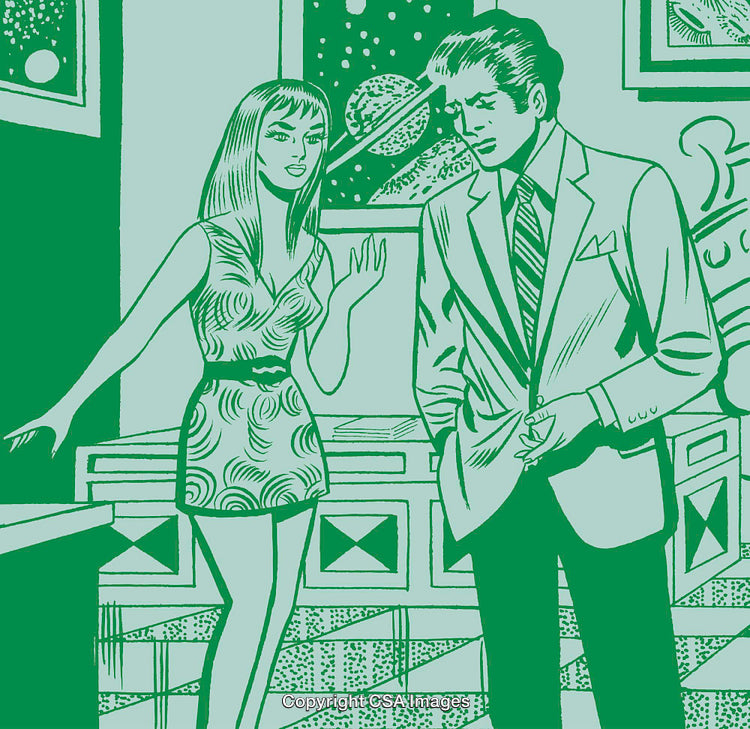 Retro Style Illustration of a Man and Woman in a Cosmic Setting
