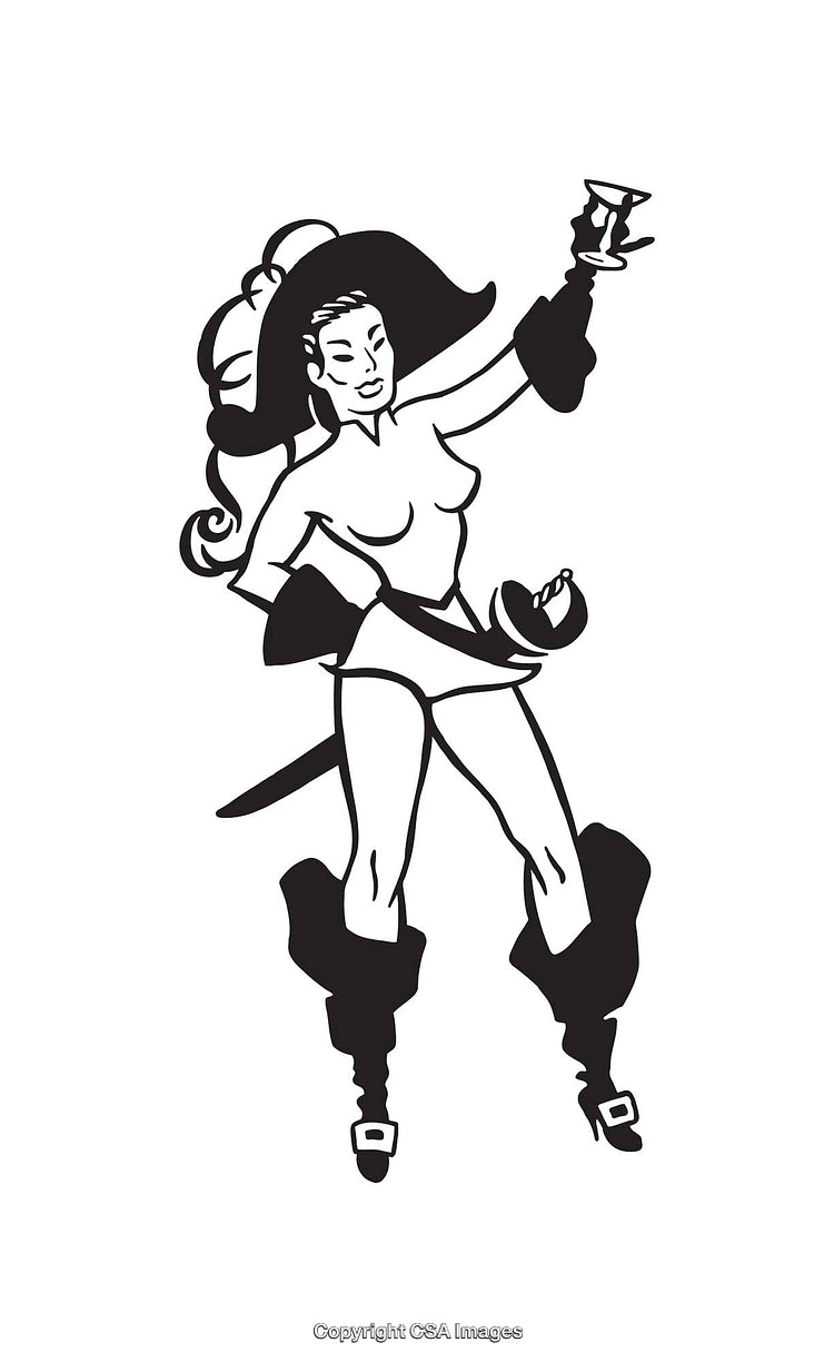Black and White Line Art of a Pirate Woman Celebrating with a Drink
