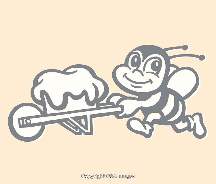 Cartoon Bee Pushing a Wheelbarrow With Honey Illustration