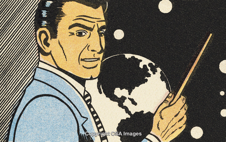 Vintage Comic Illustration of Man Pointing to Earth in Space