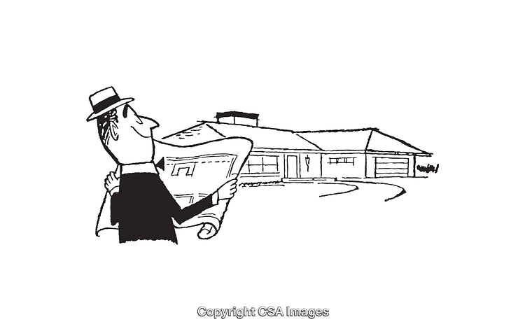 Architect Examines a Blueprint in Front of a Modern House Design