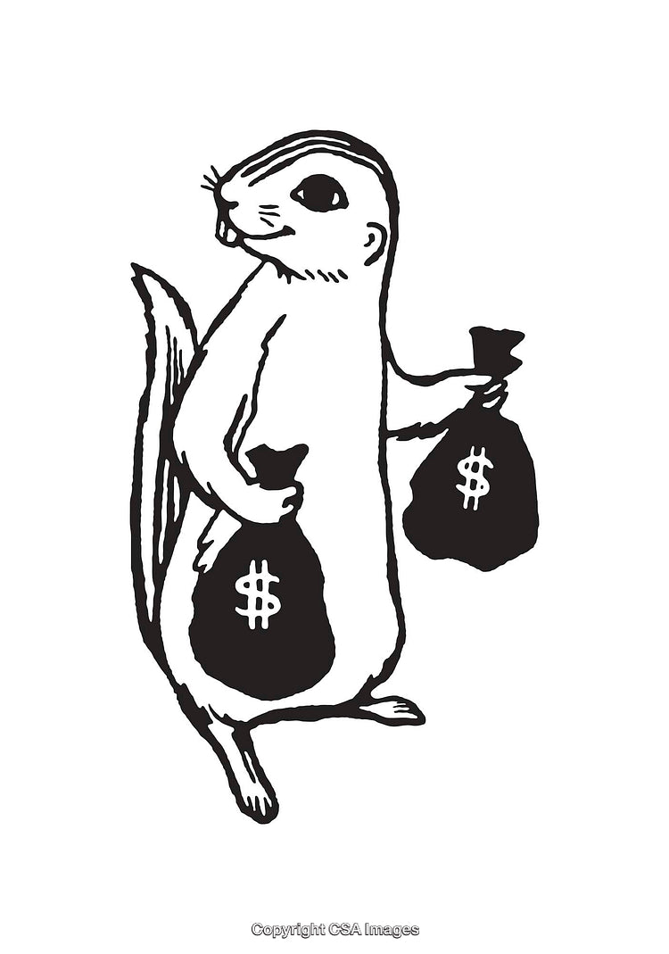 Black and White Line Art Illustration of a Chipmunk Holding Money Bags