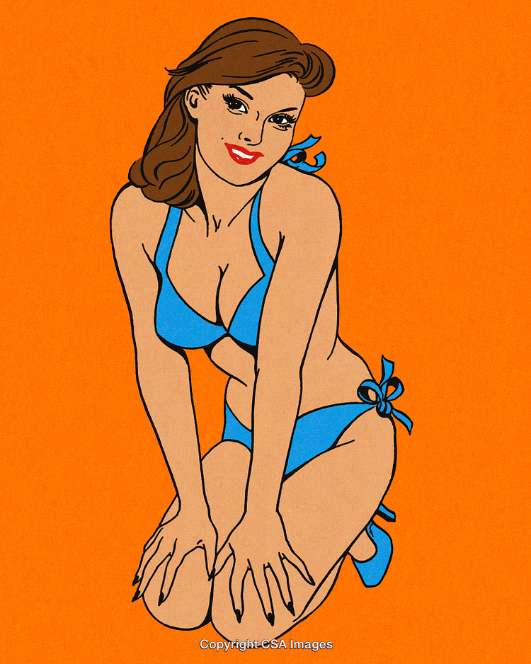 Colorful Retro Styled Illustration of a Woman Kneeling in a Bikini