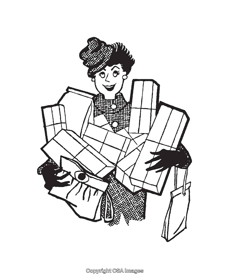 Vintage Line Art of Woman Carrying a Stack of Shopping Bags