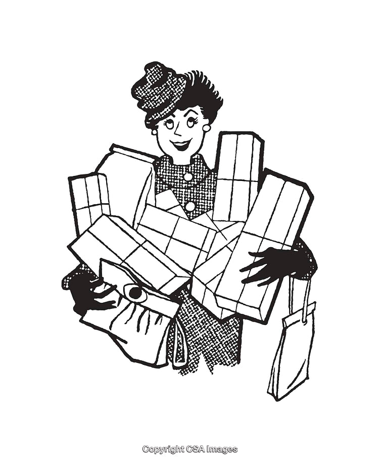 Vintage Line Art of Woman Carrying a Stack of Shopping Bags