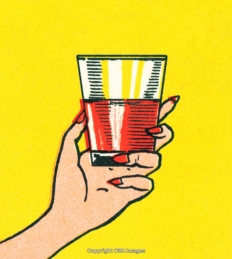 Retro Pop Art Illustration of a Hand Holding a Glass with Red Beverage