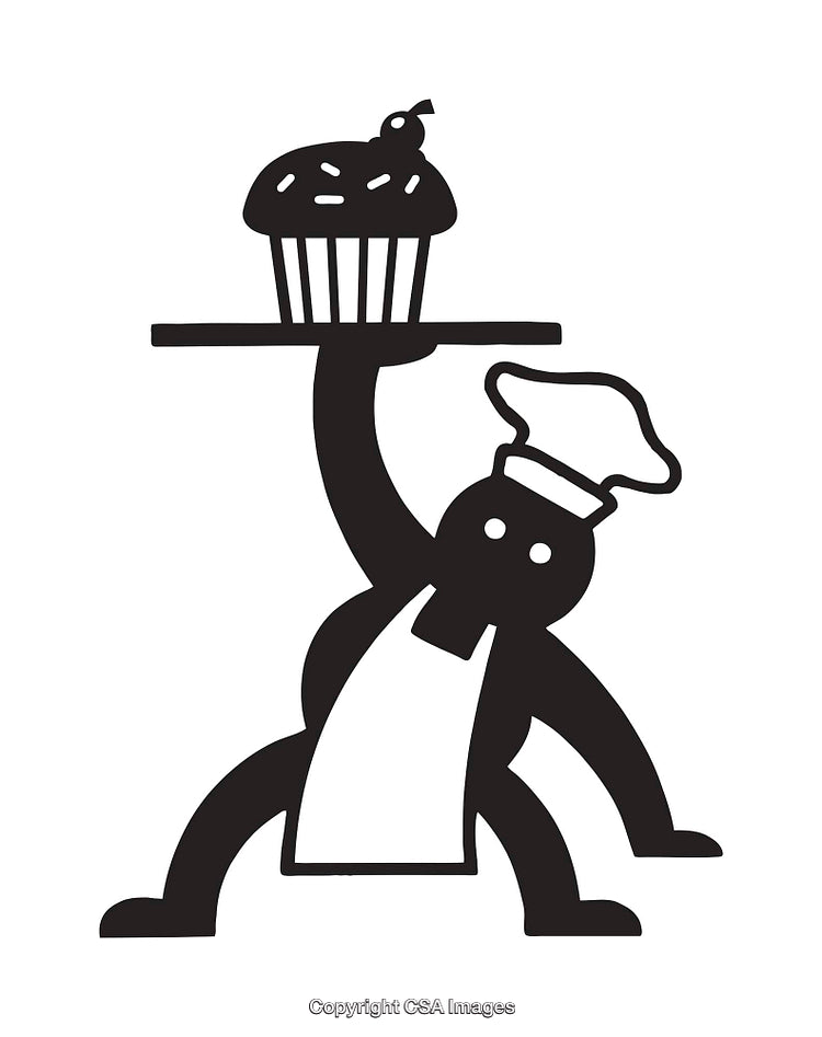 Whimsical Baker Illustration Featuring Cupcake on a Large Tray