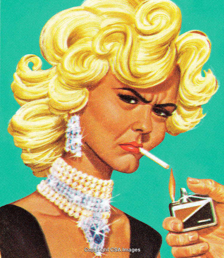 Stylish Blonde Woman Lighting Cigarette in Retro Pop Art Design