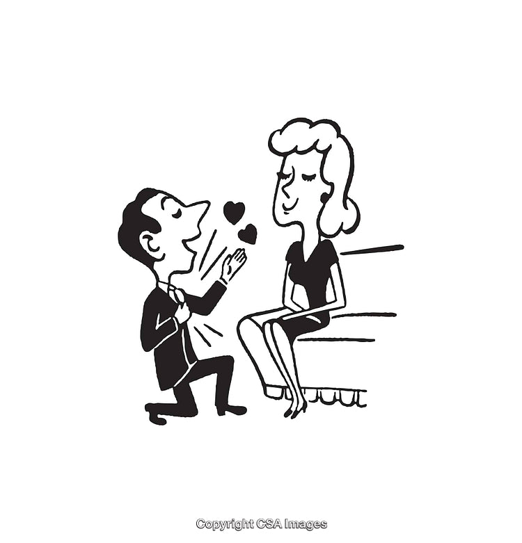 Charming Black and White Illustration of a Romantic Proposal Scene