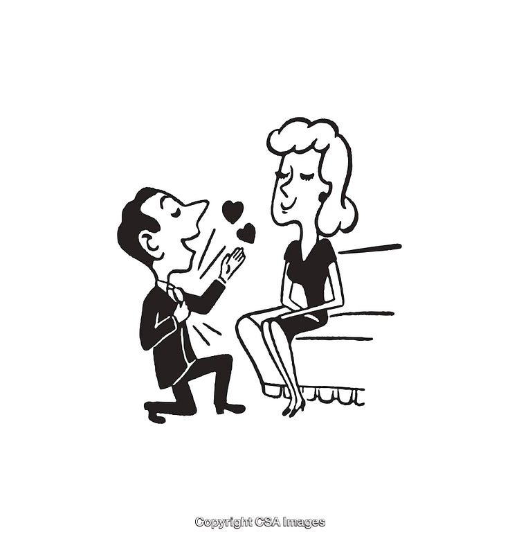 Charming Black and White Illustration of a Romantic Proposal Scene