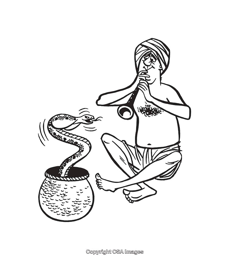 Traditional Snake Charmer Performing With Cobra in Line Art Illustration