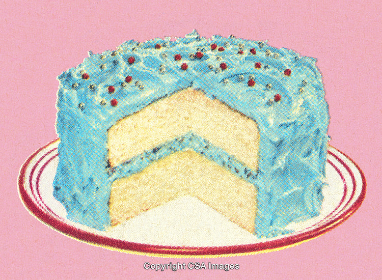 Retro Style Blue Frosted Cake with Sprinkles on a Pink Background