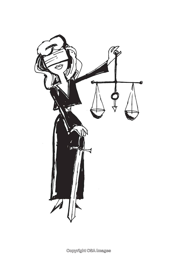 Illustration of Blindfolded Lady Justice Holding Scales and Sword in Black and White