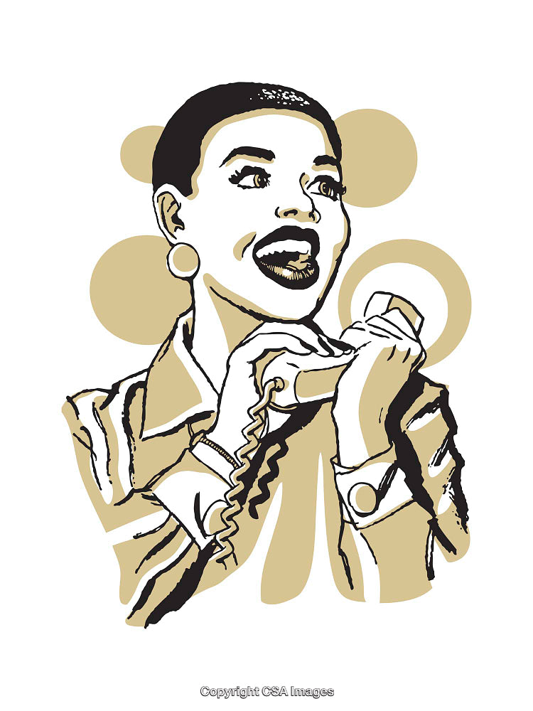 Vintage Illustration of a Woman Talking on a Retro Telephone Smiling