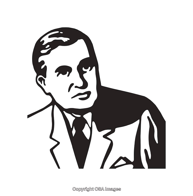 Black and White Line Art of a Thoughtful Personality in Formal Attire
