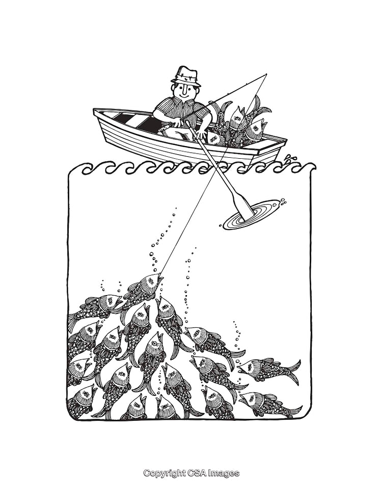 Black And White Line Art of Fisherman and Fishes Underwater