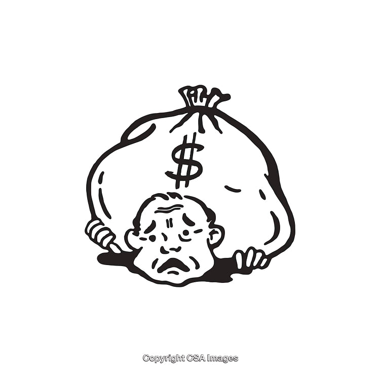 Black and White Illustration of Man Struggling Under a Large Money Bag