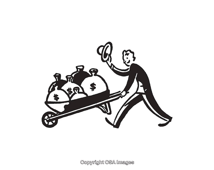 Black and White Illustration of Man Moving Money Bags on Wheelbarrow