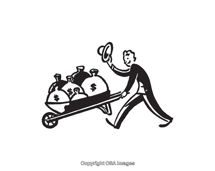 Black and White Illustration of Man Moving Money Bags on Wheelbarrow