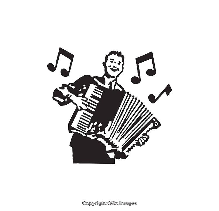 Black and White Line Art of Accordion Player with Musical Notes