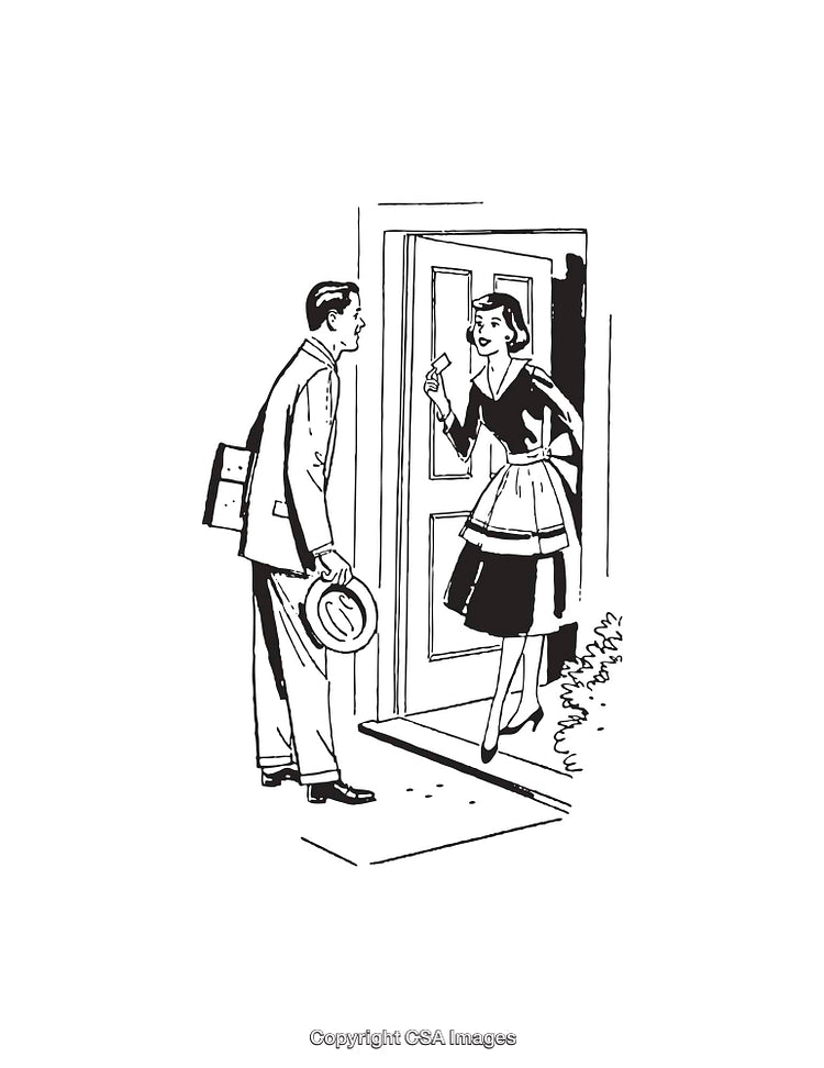 Retro Black And White Illustration of a Conversation Scene at a Doorway