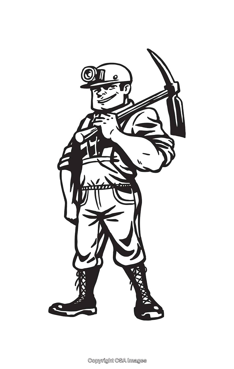 Black and White Illustration of a Miner Holding a Pickaxe