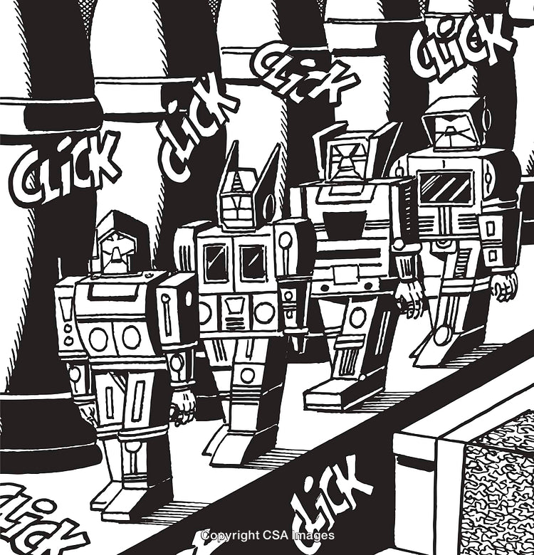 Monochrome Comic-Style Robots in an Assembly Line Setting