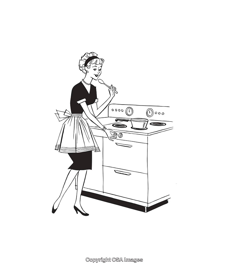 Vintage Illustration of a Woman Cooking in a Retro Kitchen