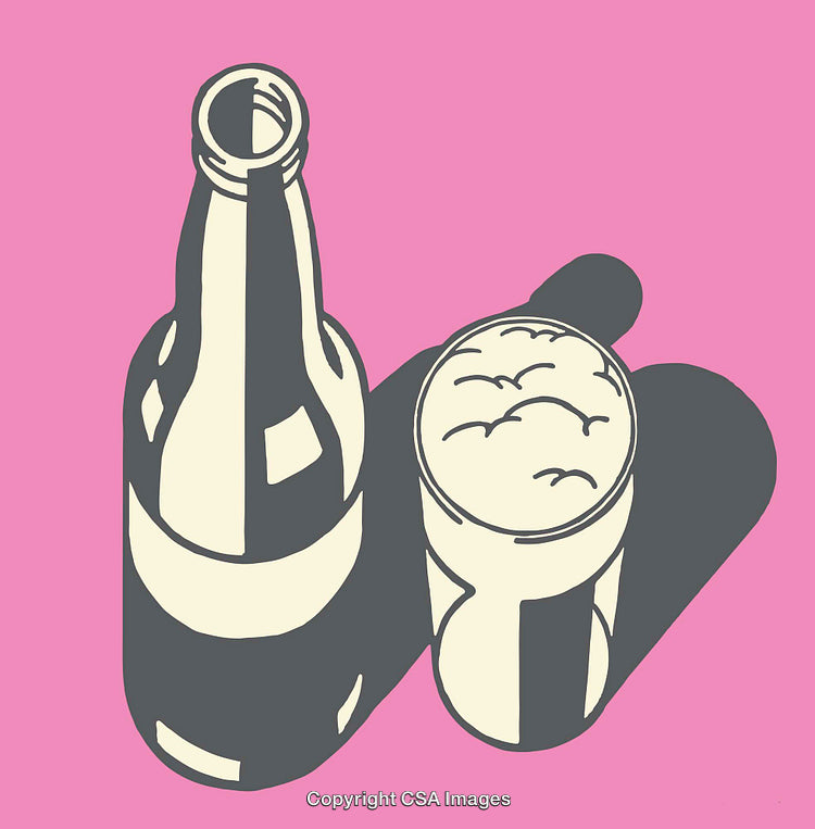 Minimalist Illustration of Beer Bottle and Glass on Pink Background