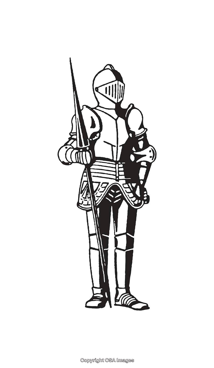 Knight in Medieval Armor Holding a Spear in Black and White Line Art