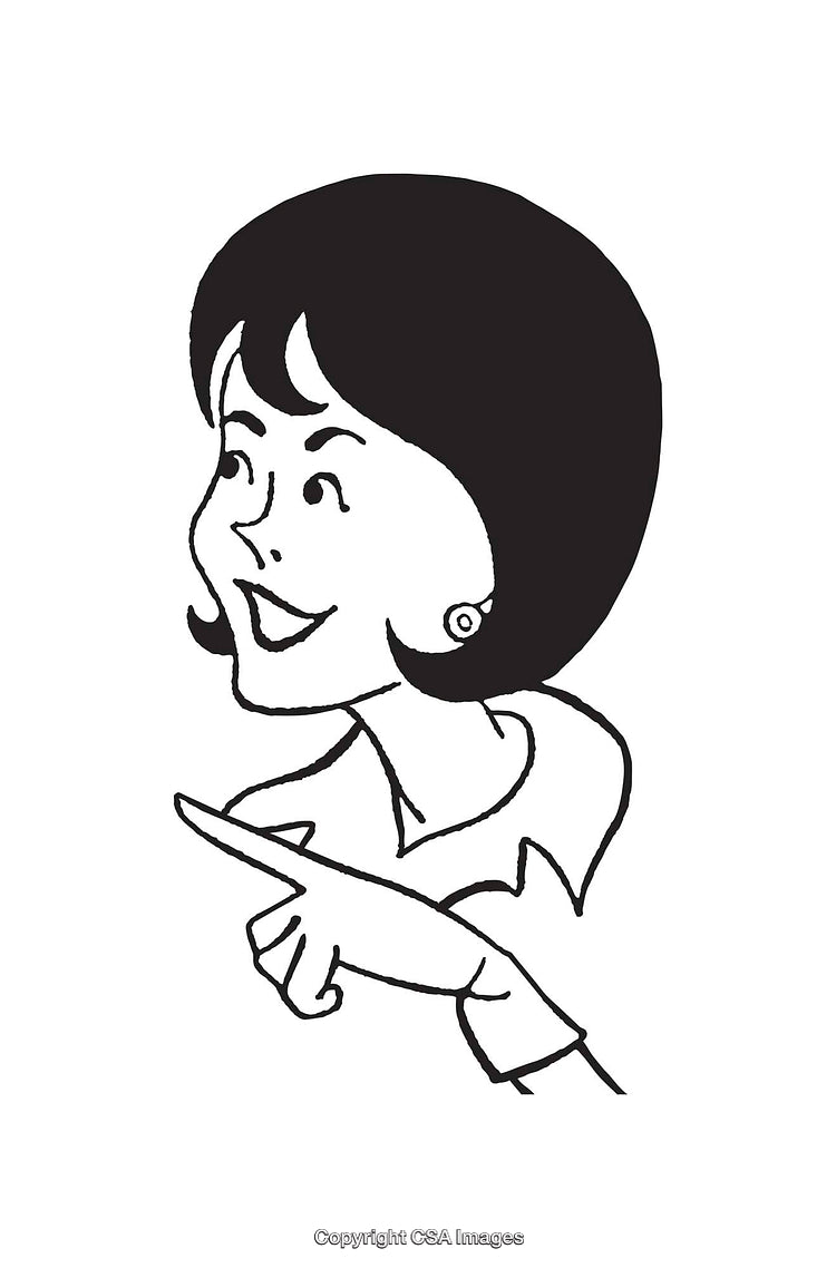 Black and White Illustration of Woman Gesturing and Smiling