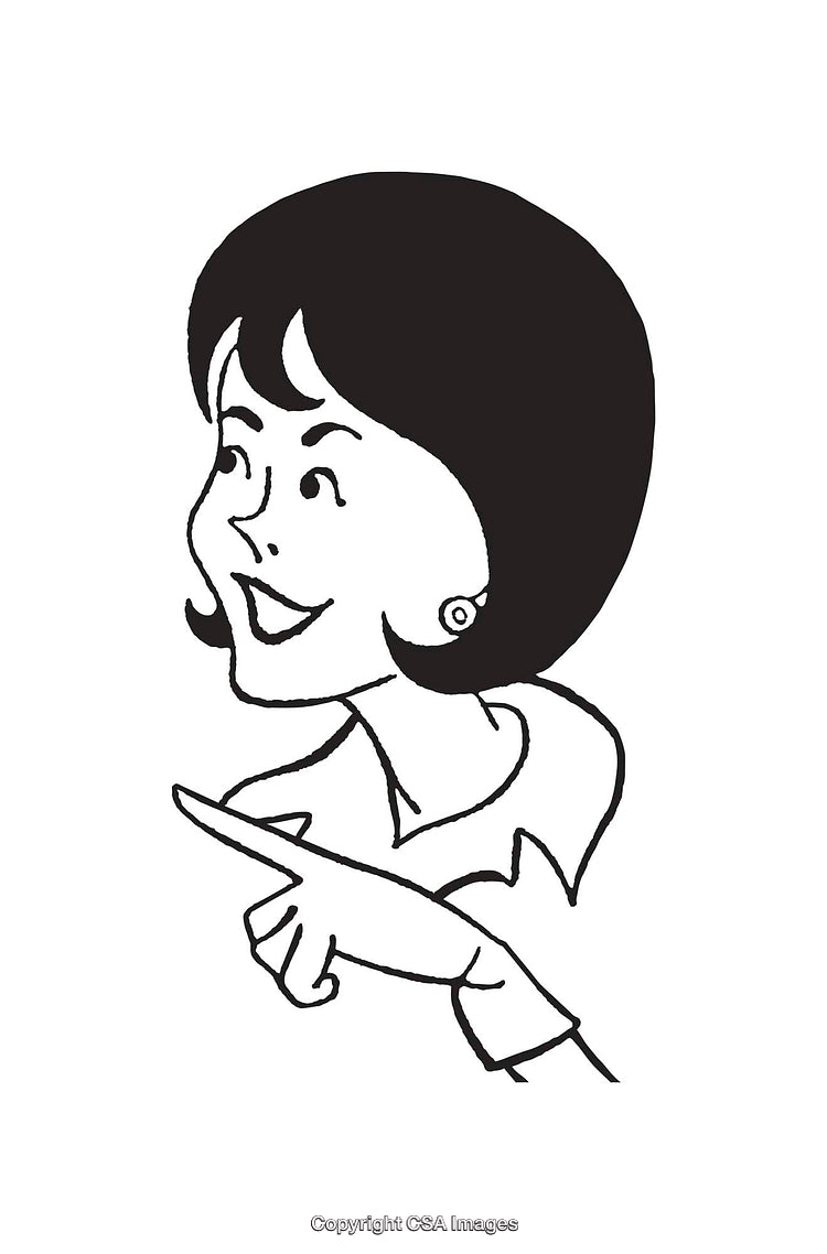 Black and White Illustration of Woman Gesturing and Smiling