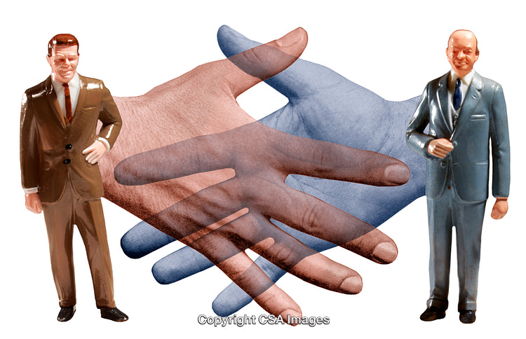Businessmen Handshake Concept With Toy Figures and Human Hand Overlay