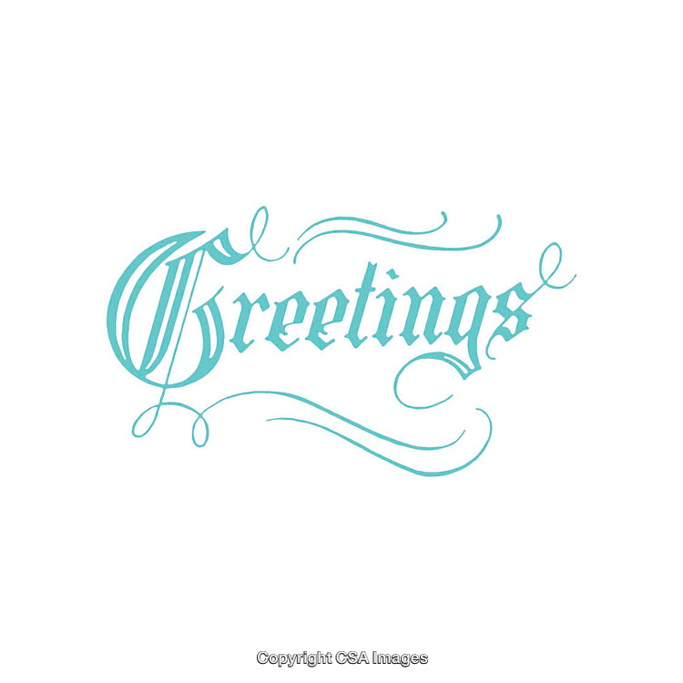 Elegant Script Typography Artwork Displaying the Word 'Greetings' in Light Blue