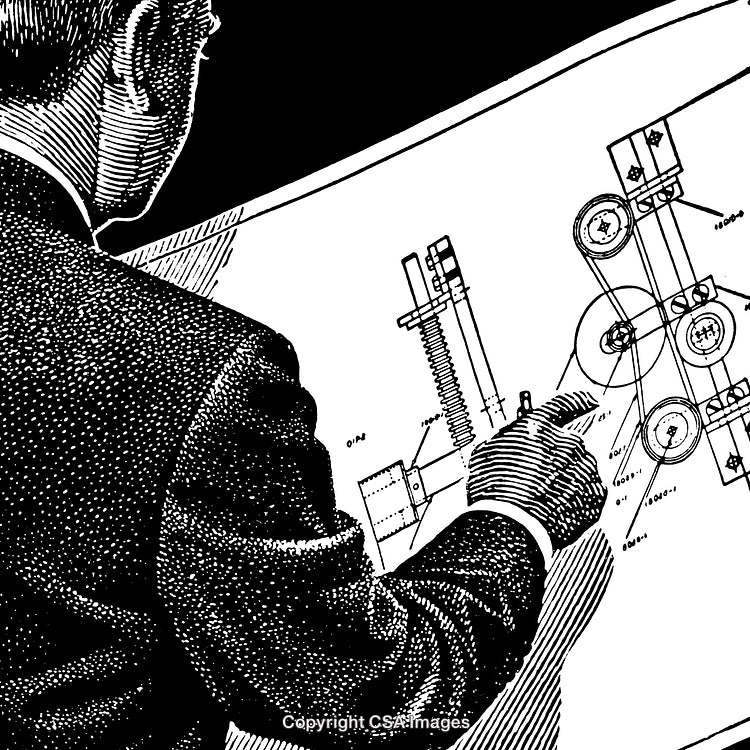 Engineer Reviewing Detailed Black and White Machine Diagram Engraving