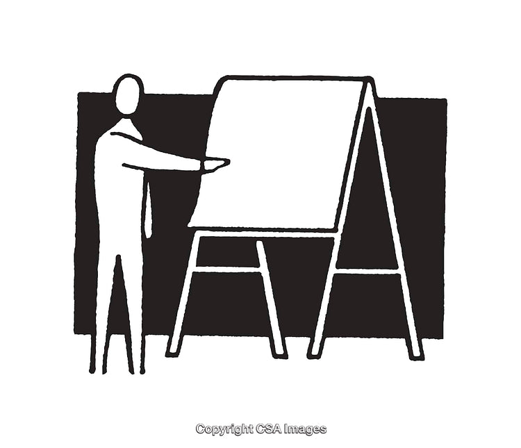 Black and White Illustration of Presenter with a Flip Chart