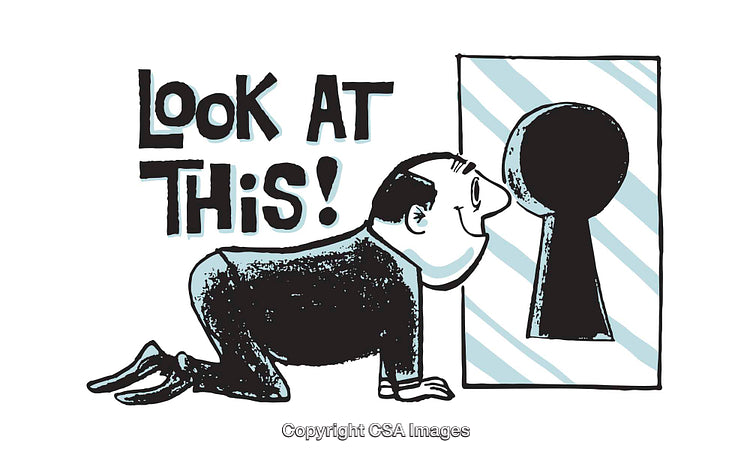 Curious Man Peeking Through Keyhole in Retro Cartoon Style Illustration