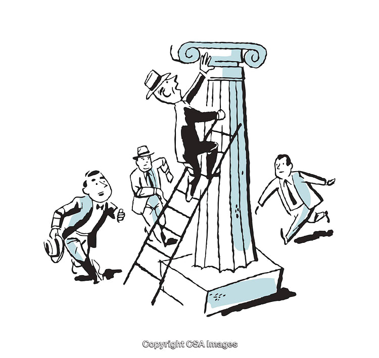 Cartoon of Individuals Striving to Scale a Classical Column