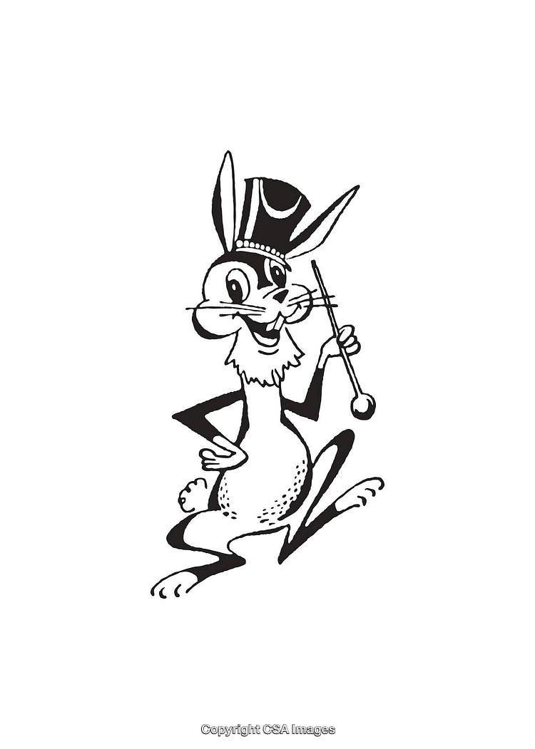 Line Art of Cartoon Rabbit in Fancy Hat with Cane