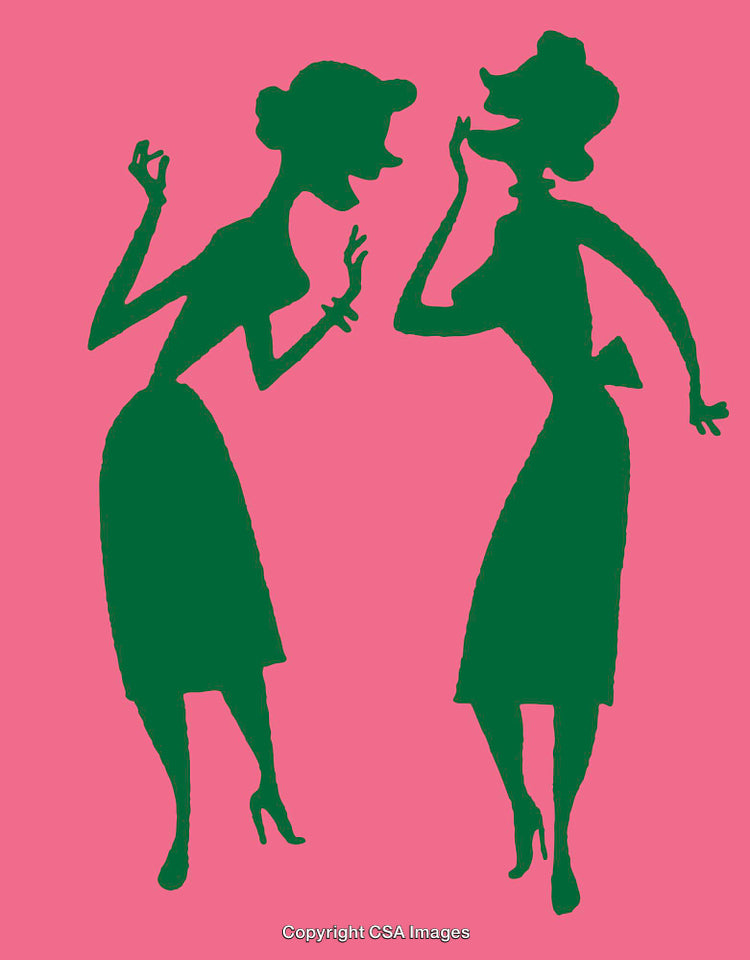 Retro Style Silhouettes of Women in Conversation on Vibrant Background